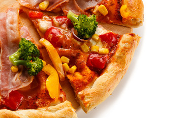 Pizza with beacon, corn and broccoli on white background