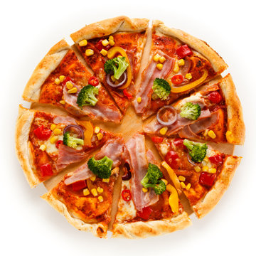 Pizza with beacon, corn and broccoli on white background