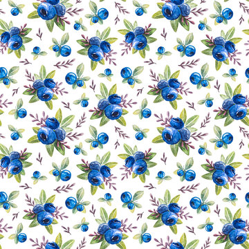Beautiful watercolor seamless pattern with natural fresh blueberries and leaves on white background