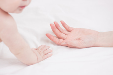 Close up picture of four month kid and his mother hands
