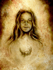 Fototapeta na wymiar painting goddeess woman. eye contact. Sepia effect.