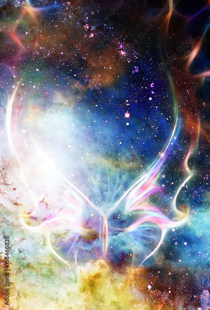 Poster light butterfly in cosmic space and fire flame. color cosmic abstract background.