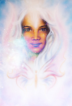 Goddess Woman in Cosmic space and butterfly. Cosmic Space background. eye contact.