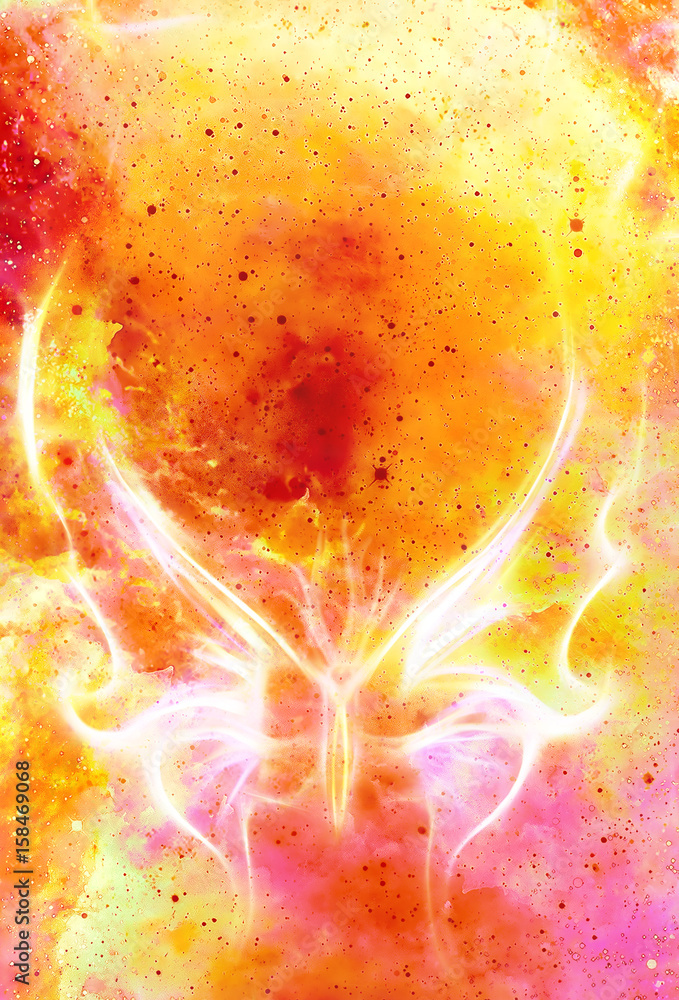 Poster light butterfly in cosmic space and fire flame. color cosmic abstract background.
