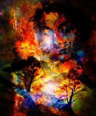 Goddess woman and tree in cosmic space. Graphic effect.