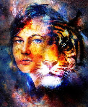 Goodnes woman and tiger and ornament. Cosmic Space background.