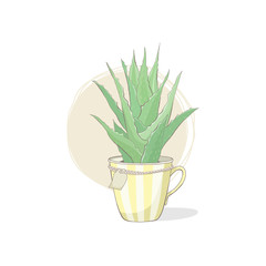 Cute vector illustration of a succulent. A small aloe vera in the striped teacup. A funny picture for fans of succulents; for greeting cards; T-shirts; etc.