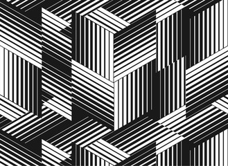 Halftone black and white stripes and shapes background. Creative geometric pattern. Abstract vector texture.