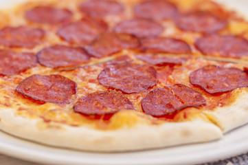 pepperoni pizza closeup, selective focus.