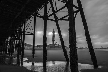 Blackpool pleasure beach pier black and white