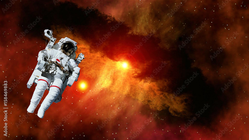 Poster astronaut planet spaceman cosmonaut suit outer space gravity galaxy floating universe explosion. ele