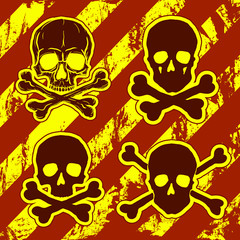 Set of Skulls with Crossbones on grunge red and yellow striped background. Freehand drawing human skulls. Vector illustration.