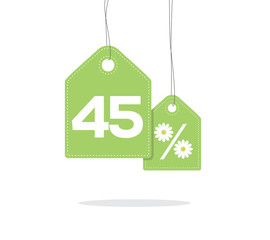 Green hanging price tag labels with 45% and a daisy flower design texts on them and with shadow isolated on white background. For summer sale campaigns.