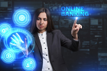 The concept of business, technology, the Internet and the network. A young entrepreneur working on a virtual screen of the future and sees the inscription: Online banking