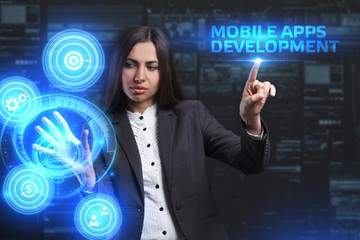 The concept of business, technology, the Internet and the network. A young entrepreneur working on a virtual screen of the future and sees the inscription: Mobile apps development