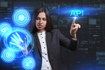 The concept of business, technology, the Internet and the network. A young entrepreneur working on a virtual screen of the future and sees the inscription: API