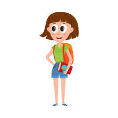 Young pretty woman, tourist with backpack and guide on vacation tour, cartoon vector illustration isolated on white background. Full length portrait of young woman, girl tourist on sightseeing tour