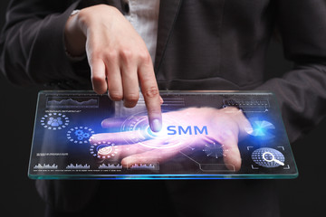 The concept of business, technology, the Internet and the network. A young entrepreneur working on a virtual screen of the future and sees the inscription: SMM