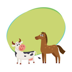 Brown horse, black and white cow with big eyes, side view cartoon vector illustration with space for text. Cute and funny farm horse and cow with friendly face and big eyes