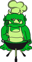 grillen grill meister chef koch schürze wurst fleisch würstchen bbq lecker hunger küche kochen mütze süß niedlich oger ork troll komisch lustig monster klein frech böse horror comic cartoon