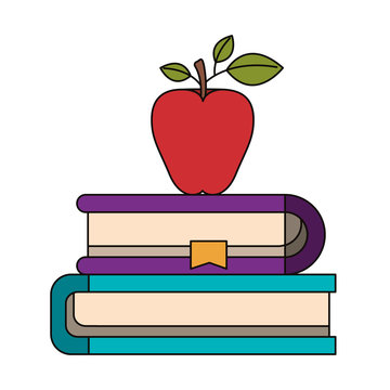 colorful image of pair of books with bookmark and apple vector illustration