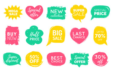 Vector set of comic speech bubbles Sale stickers. Discount card collection, Buy Now, Special Offer, Best Choice etc.
