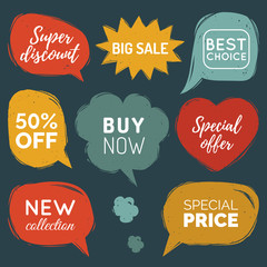 Vector set of comic speech bubbles Sale stickers. Discount card collection, Buy Now, Special Offer, Best Choice etc.