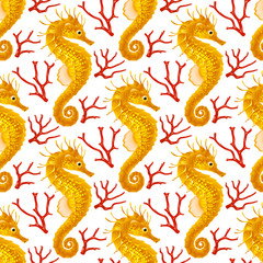 Vector Seamless Pattern whith Seahorse. Yellow Thorny Hippocampus and Red Coral Isolated on White Background. Use for Sea Wallpaper, Gift Wrap or Wrapping Paper