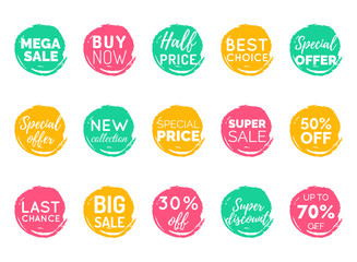 Vector hand drawn set of speech bubbles with sale phrases. Discount card collection, Buy Now,Half Price,Last Chance etc.