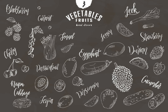 Hand drawn vegetables and fruits. Vector fresh collection of natural food. Sketch illustration.