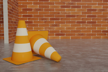 3D rendering of a construction site with yellow cones