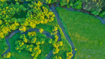 Aerial view of river valley in beautiful sunset light