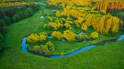 Aerial view of river valley in beautiful sunset light