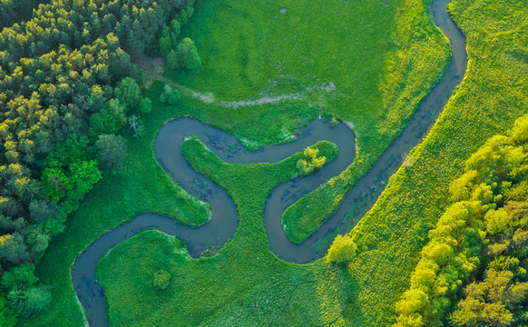 Aerial view of river valley in beautiful sunset light