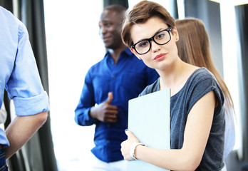 Modern business woman in the office with copy space.