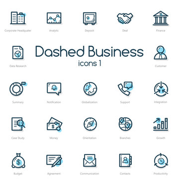 Business line icons set with blue accent isolated on light background.