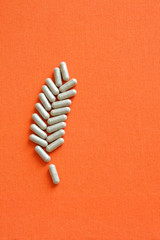 pills arranged in the shape of a leaf, natural medicine concept