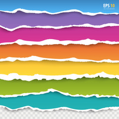 Torn paper edges vector: blue, pink, violet, orange, yellow, green, turquoise color paper. Realistic colored torn papers with ripped edge on transparent background. Torn page banners for web, print. 
