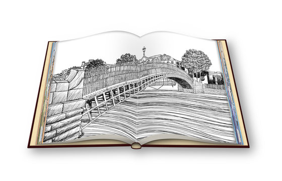 The most famous bridge in Dublin called "Half penny bridge" - freehand sketch concept image - 3D render of an opened photo book - I'm the copyright owner of the images used in this 3D render.