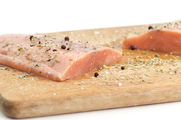 Raw Fillet Salmon Fish Ready For Cooking With Spices And Herbs