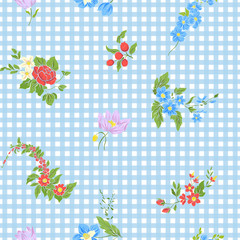 Seamless pattern with vintage embroidered flowers in vintage style on blue and white stripes background.
Stock line vector illustration.