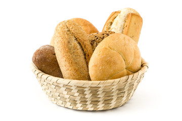 Mixed bread in basket isolated on white background
