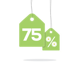 Green hanging price tag labels with 75% and a daisy flower design texts on them and with shadow isolated on white background. For summer sale campaigns.