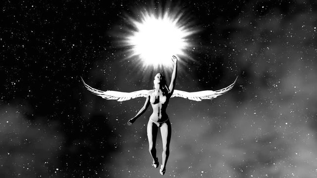 Angel girl flying to the sun. 4K.