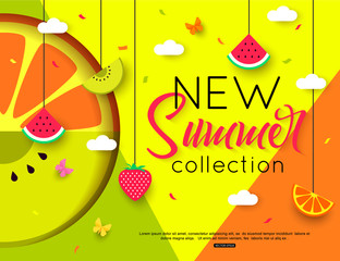 Summer fruits background for sale banner, poster, promotions, web sites, magazines, advertising. Vector illustration with hanging strawberries, kiwi, watermelon, paper butterfly, clouds.