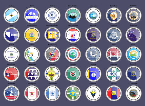 Set of icons. Cities of the USA flags.