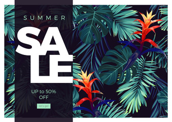 Fototapeta premium Floral sale design with guzmania flowers, monstera and royal palm leaves. Exotic hawaiian vector background.