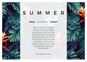 Naklejka premium Floral horizontal postcard design with guzmania flowers, monstera and royal palm leaves. Exotic hawaiian vector background.