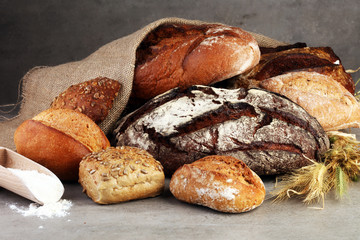 Different kinds of bread rolls on white board from above. Kitchen or bakery poster design.