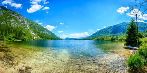 Amazing beautiful lake Bohinj in Slovenia view from Ukanc.
